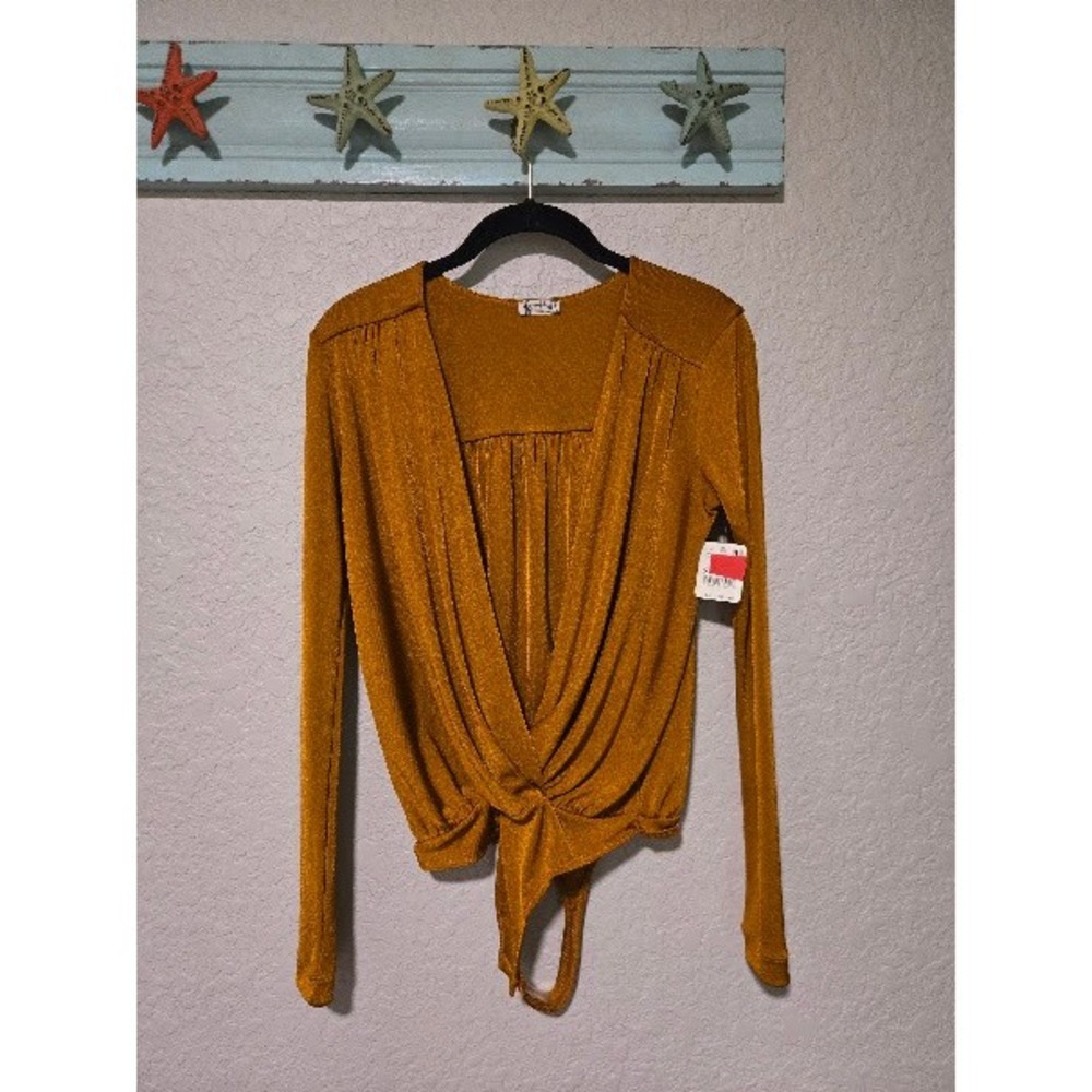 Intimately Free People Metallic Gold Wrap Tie Front Long Sleeve Top Small NWT